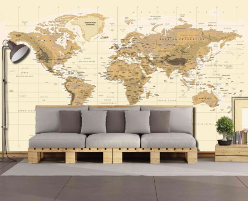 Worldmap Wallpaper in Beige