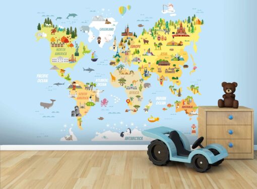 Colorful Kids Animal World Map Mural- WB2174