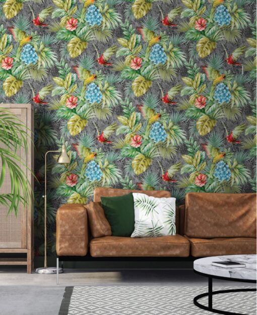 Wallpaper Parrot and Tropical Plant Trend Gray- Jumbo Roll 16.5 sq mtr - Image 2