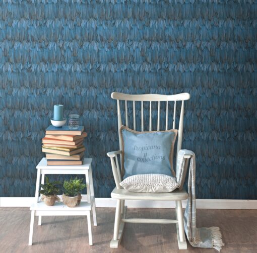 Modern Bird Feather Patterned Wallpaper Blue- Jumbo Roll 16.5 sq mtr - Image 2