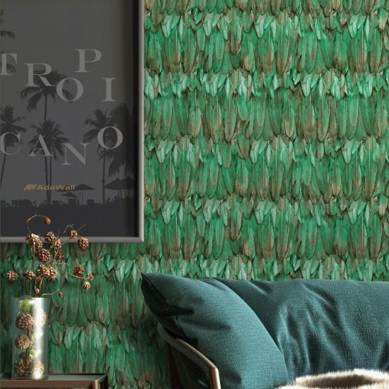 9913 4 Modern Bird Feather Patterned Wallpaper Green- Jumbo Roll 16.5 sq mtr Modern Bird Feather Patterned Wallpaper Green- Jumbo Roll 16.5 sq mtr