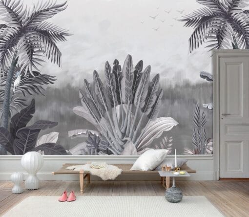 Tropical Trees and Bird Mural - B\W