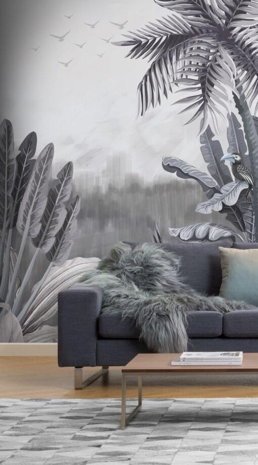 Tropical Trees and Bird Mural - B\W - Image 3