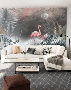 evershinewalls Botanic Mystical Night Moon and Flamingos Botanic Mystical Night Moon and Flamingos Wallmural Botanic Mystical Night Moon and Flamingos Wallmural