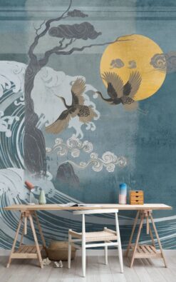 Asian Design Crane Birds Wallpaper3 Japanese Wave Crane Birds Wallpaper Wallmural Japanese Wave Crane Birds Wallpaper Wallmural