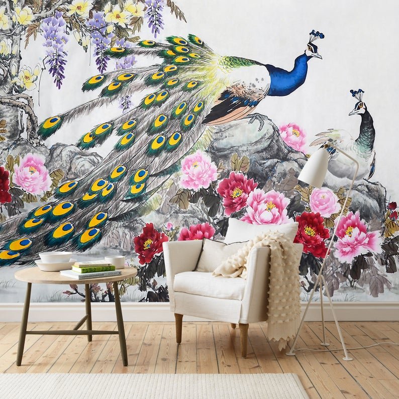 Peacock Wallpaper Floral Wall Poster Wallmural | Evershine Wall