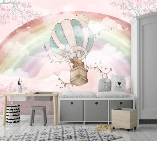 Pink Background Rainbow Cute Bear2 Rainbow & Bear Mural - Pink Rainbow & Bear Mural - Pink