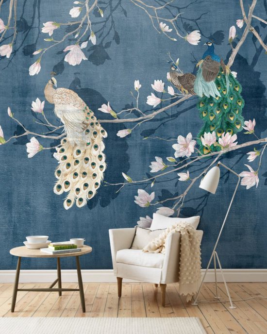 Stylish Peacock Wallpaper Floral Wallmural | Evershine Wall