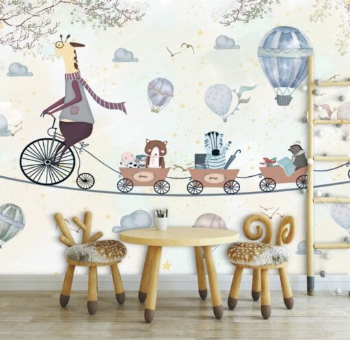 Cycling Giraffe With Animals on Train Wallmural