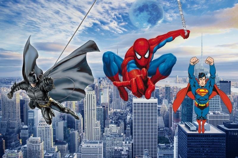 Superheros Flying Action Spiderman Batman Wallpaper | Evershine Wall