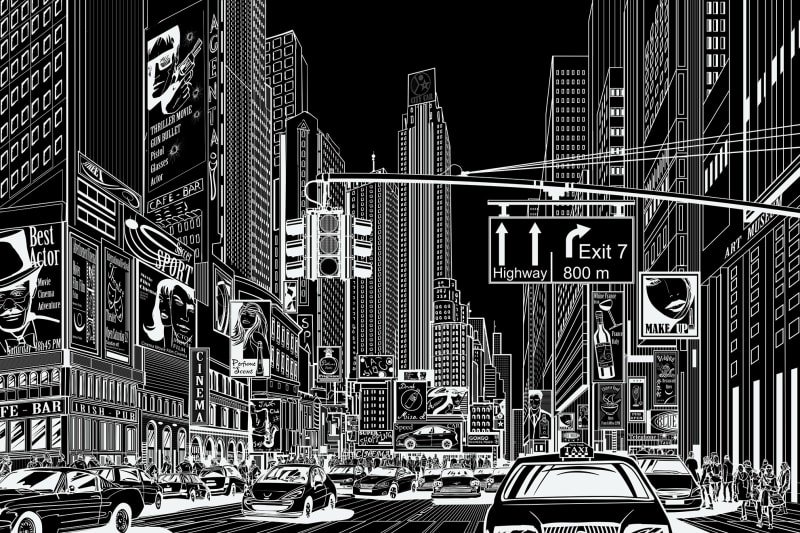 cartoon city background black and white