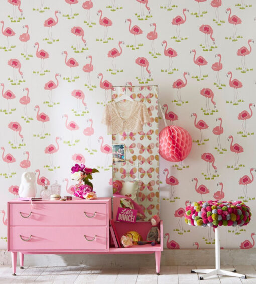 Felicity Flamingo Wallpaper - Blancmange / Chalk