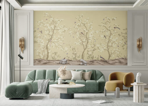 Flowers & Birds Pattern Mural - Cream | FJ304