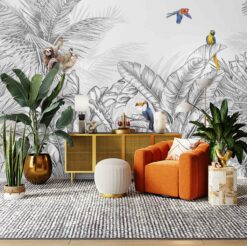 Animals & Palm Leaves Pattern Mural - White