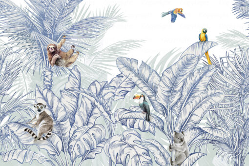 FJ307 2 pattern Animals & Palm Leaves Pattern Mural - Blue Animals & Palm Leaves Pattern Mural - Blue