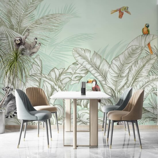 Animals & Palm Leaves Pattern Mural - Green