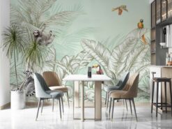 Animals & Palm Leaves Pattern Mural - Green