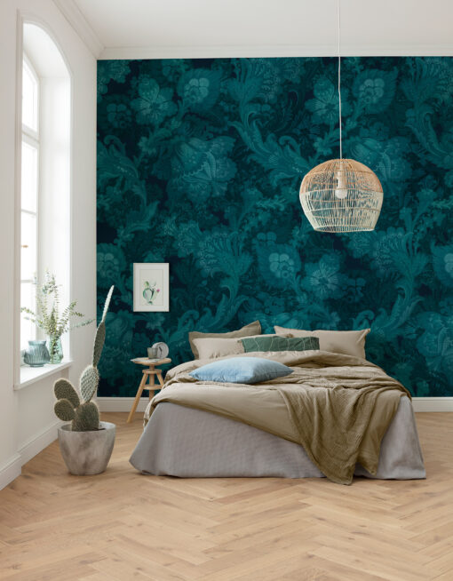 Blue Floral Botanical Wall Mural - Vintage Flower Design