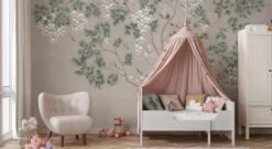 White Wisteria Tree Wallpaper, Minimalist Botanical Wall Mural, Japandi Floral Room Decor