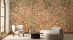Terracotta Botanical Wallpaper, Vintage Floral Wall Mural, Bold Nature Peel and Stick Art