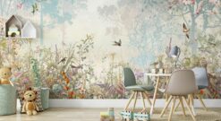 Enchanted Forest Kids Wallpaper, Whimsical Animal Wall Mural, Peel and Stick Playroom Decor