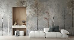 Misty Forest Wall Mural, Tranquil Tree Wallpaper, Neutral Nature Wall Art for Living Room