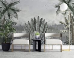 Pale Large Tropical Leaves and Palm Trees Wallpaper Wallmural - Image 3