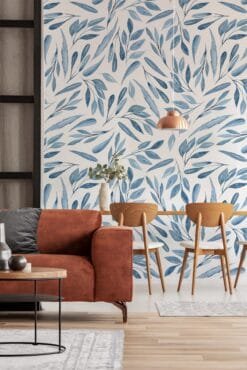 Blue Watercolor Leaves on White Background Wallpaper Wallmural - Image 3