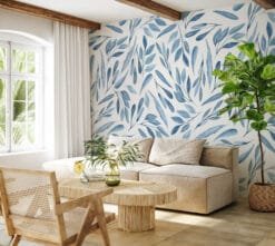 Blue Watercolor Leaves on White Background Wallpaper Wallmural