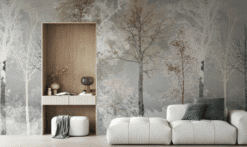 Misty Forest Wall Mural, Tranquil Tree Wallpaper, Neutral Nature Wall Art for Living Room