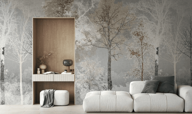 Misty Forest Wall Mural, Tranquil Tree Wallpaper, Neutral Nature Wall Art for Living Room