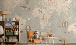 Vintage World Map Wallpaper Mural: Airplane Hot Air Balloon Kids Room Decor
