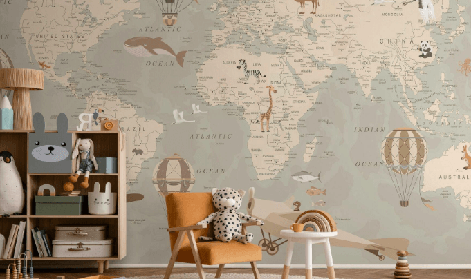 Vintage World Map Wallpaper Mural: Airplane Hot Air Balloon Kids Room Decor