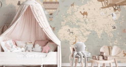 Alternative view of Vintage World Map Wallpaper Mural: Airplane Hot Air Balloon Kids Room Decor