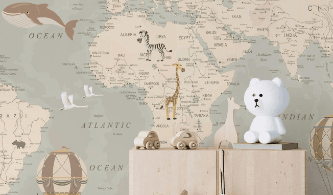 Vintage World Map Wallpaper Mural: Airplane Hot Air Balloon Kids Room Decor - Image 3