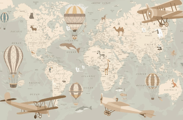 Vintage World Map Wallpaper Mural: Airplane Hot Air Balloon Kids Room Decor - Image 4