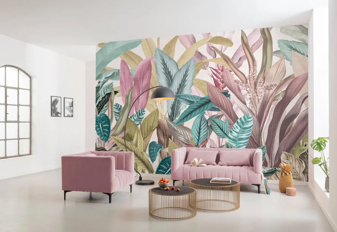 Tropical Paradise Wallpaper – Pink & Teal Botanical Leaf Mural