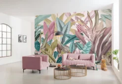 Tropical Paradise Wallpaper – Pink & Teal Botanical Leaf Mural