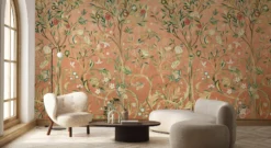 Terracotta Botanical Wallpaper, Vintage Floral Wall Mural