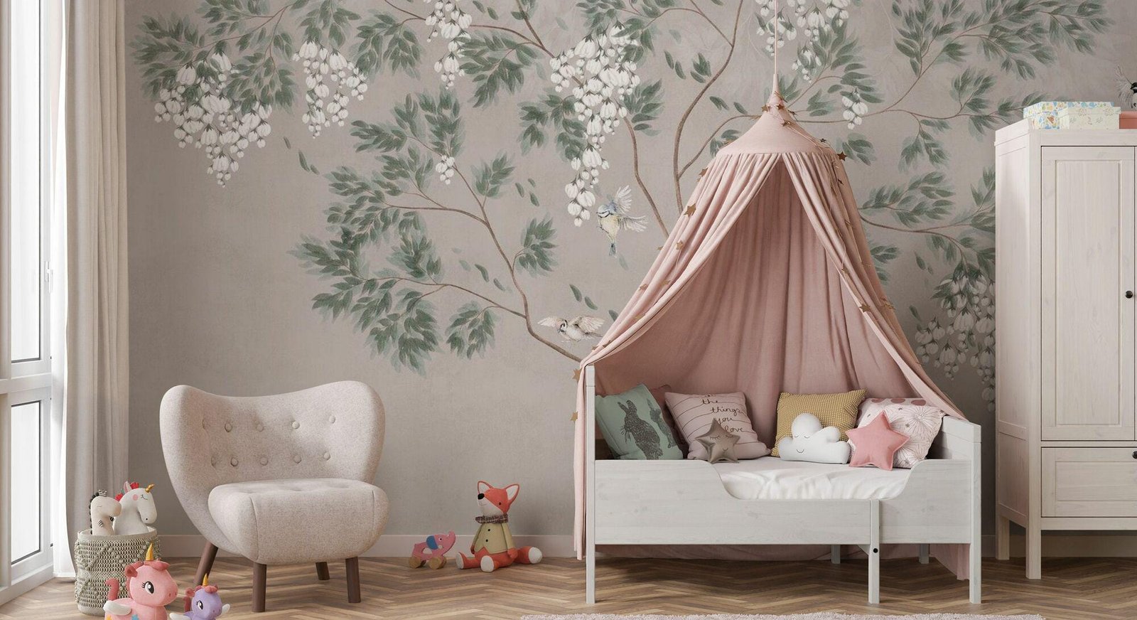 White Wisteria Tree Wallpaper, Minimalist Botanical Wall Mural, Japandi Floral Room Decor