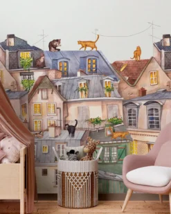 Whimsical Cats Rooftop Mural: Playful Kids Room Wallpaper
