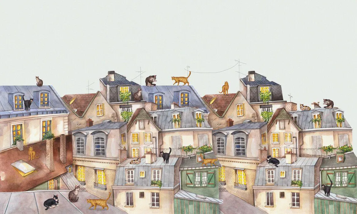 Whimsical Cats Rooftop Mural: Playful Kids Room Wallpaper - Image 3