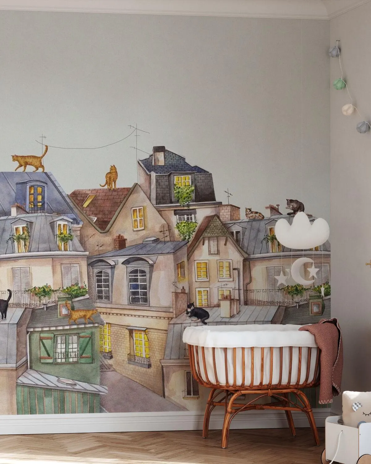 Whimsical Cats Rooftop Mural: Playful Kids Room Wallpaper - Image 2